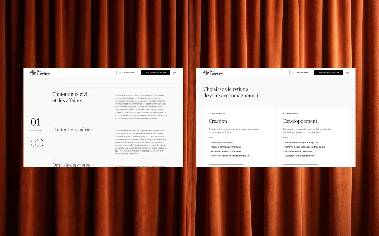 Deux pages du site de Nahum Lawfirm, devant un rideau.