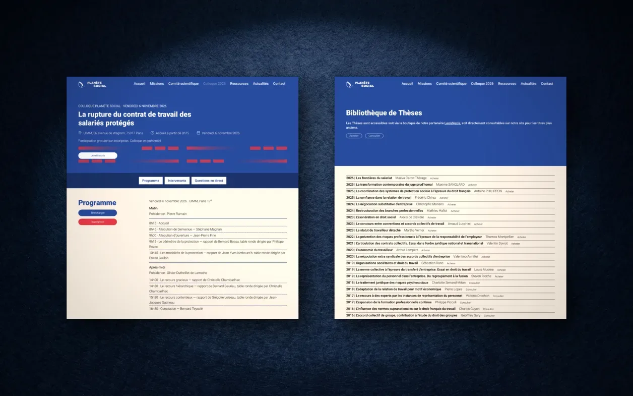 Deux pages du site de Planète Social.