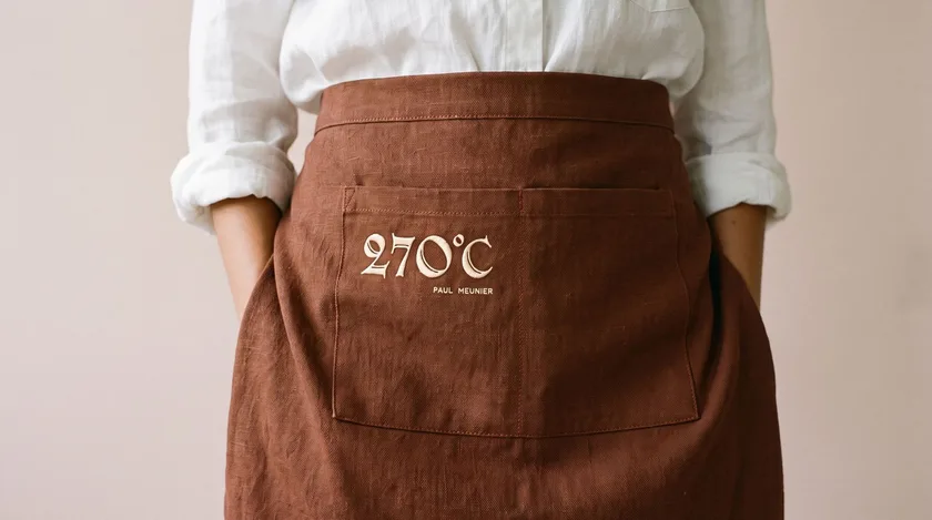 Tablier de lin brun noué à la taille, le nom brodé en fil clair sur la poche.