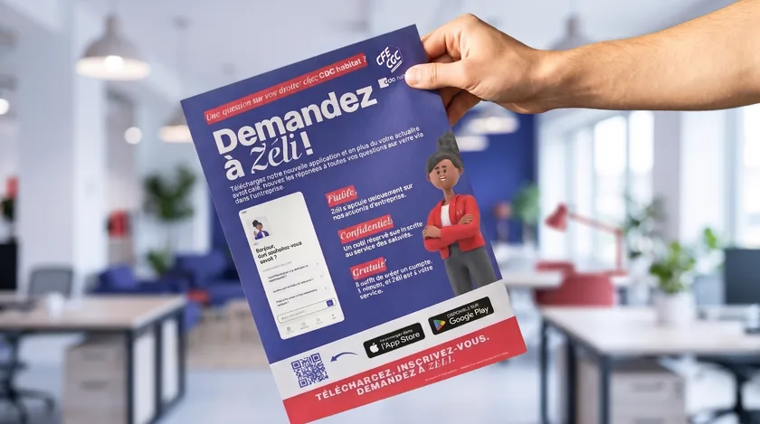 Un tract tenu à la main devant un bureau : « Demandez à Zéli », un téléphone et un personnage aux bras croisés.