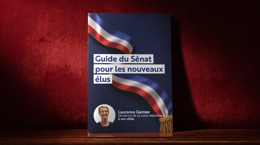 Couverture du « Guide du Sénat pour les nouveaux élus », barrée d’un ruban tricolore, sur du velours rouge.