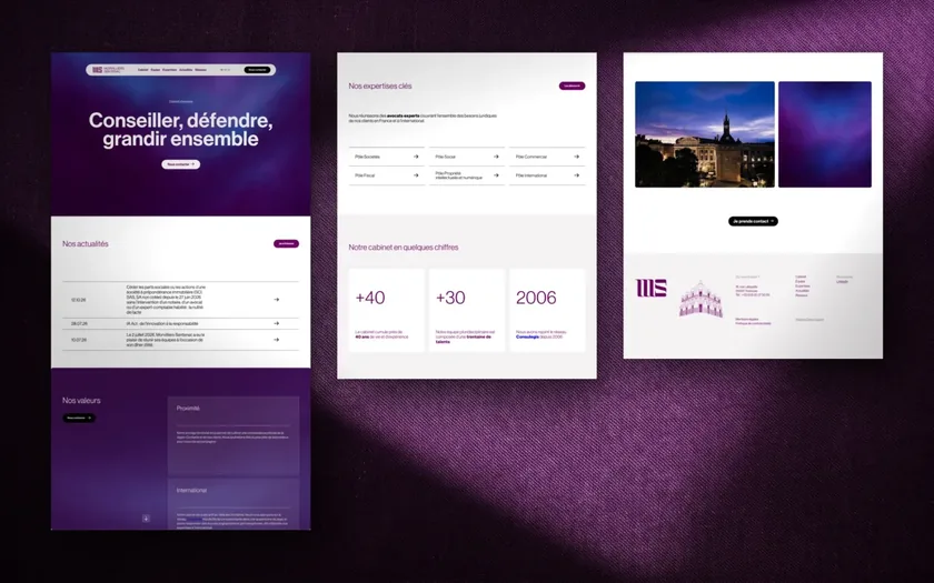 Logotype en capitales lilas sur un fond prune nuit, avec la mention « Cabinet d’avocats ».