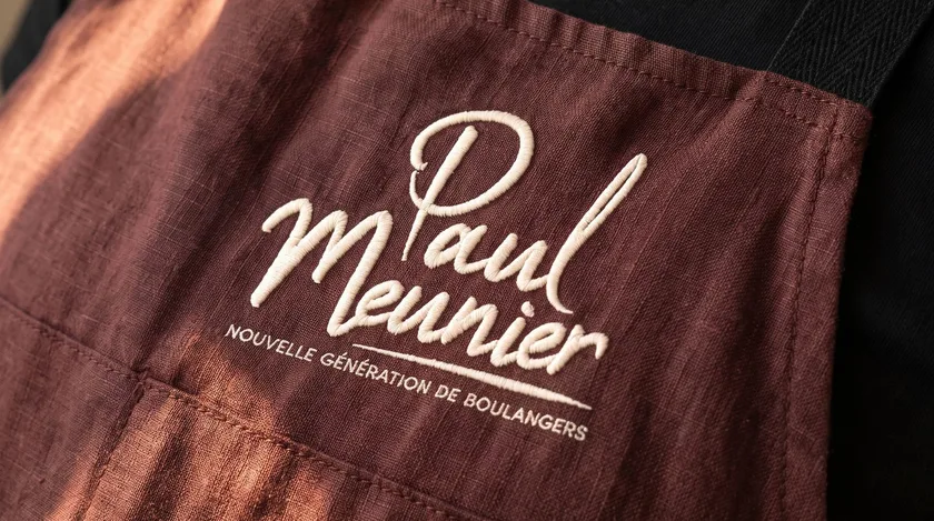 Tablier de lin brun brodé en écru : une signature manuscrite et la mention « Nouvelle génération de boulangers ».