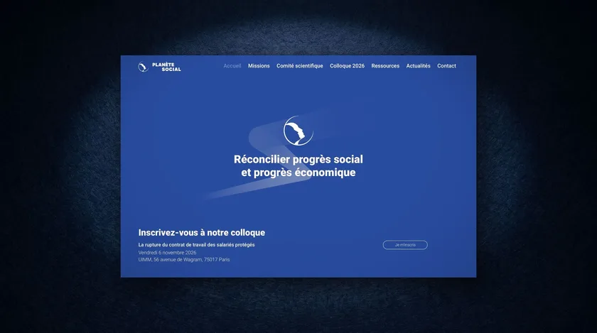 Page d’accueil d’un site bleu vif sur fond sombre : « Réconcilier progrès social et progrès économique ».