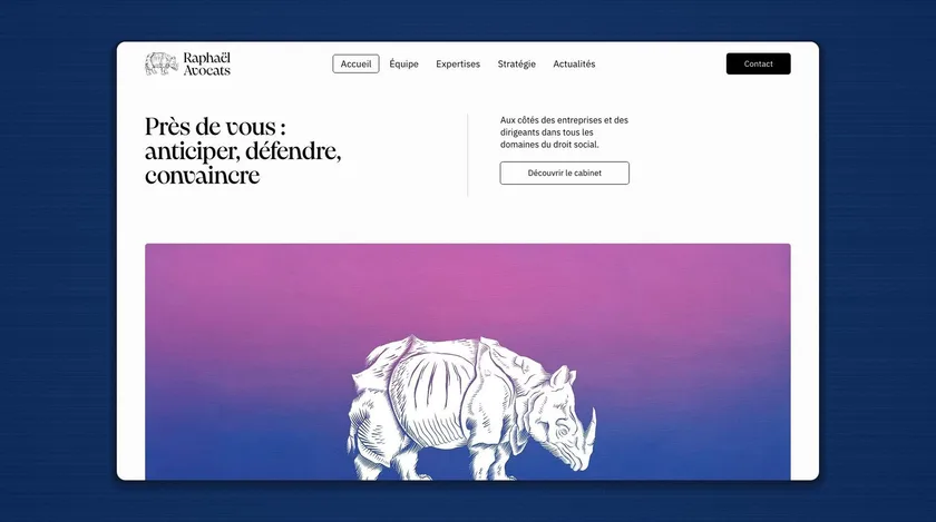 Page d’accueil d’un site sur fond bleu : une accroche en serif et un rhinocéros gravé sur un dégradé rose et violet.