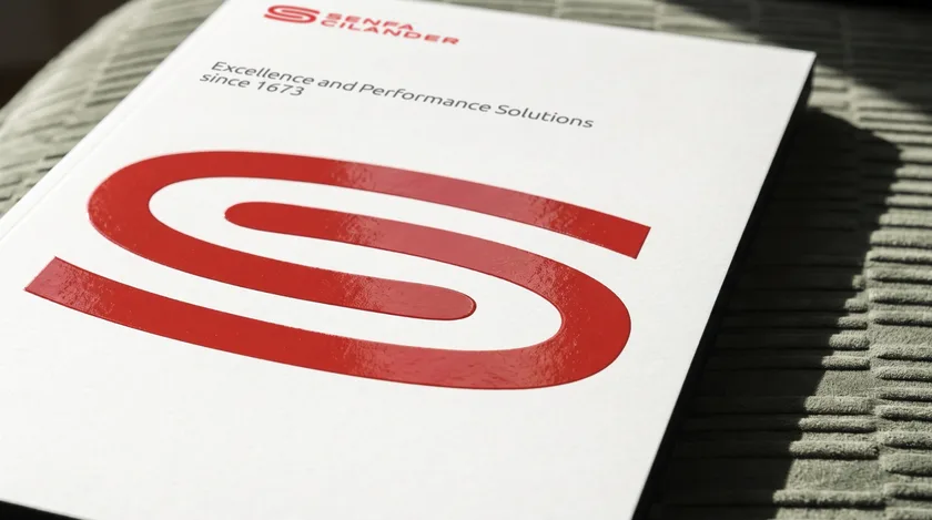 Brochure blanche posée sur un tissu technique : un S rouge en relief et la mention « since 1873 ».
